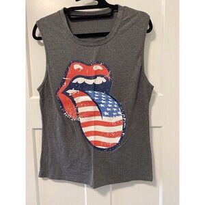Rolling Stones Shirt Womens Small Gray United States Flag‎ Tongue Logo Crop Tank